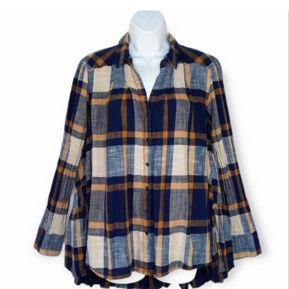 Free People Preppy in Plaid Ruffle Hem Top Anthropologie M Excellent! B#1